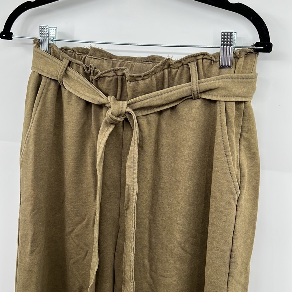 🆕Olive Green French Terry Paperbag Waist Tie High Waist Wide Leg Pants S,M & L - Picture 15 of 16